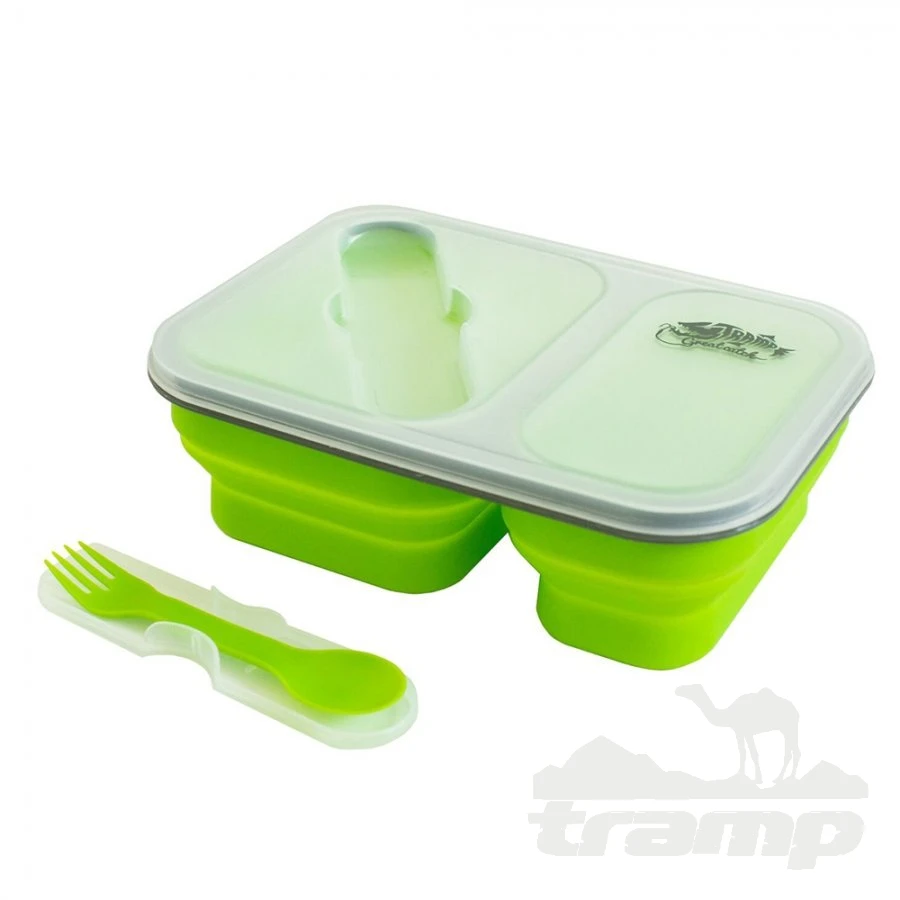 Походная посуда Контейнер силиконовый 2 отсека с ловилкой, 900 мл, TRC-090-olive