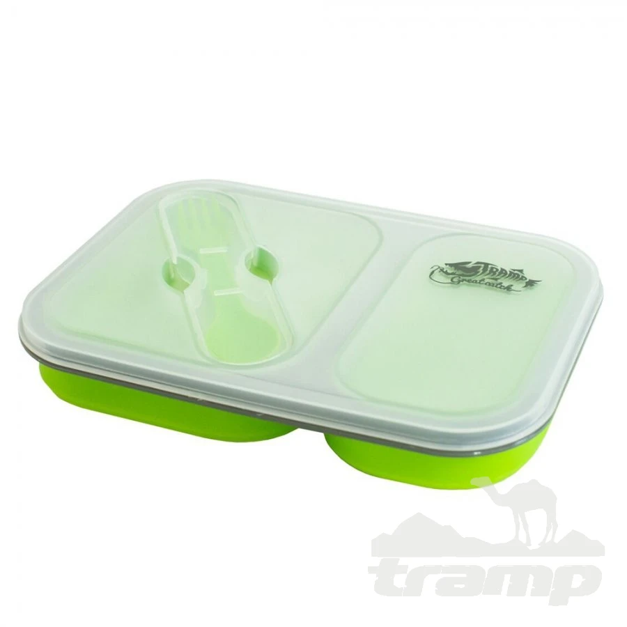 Походная посуда Контейнер силиконовый 2 отсека с ловилкой, 900 мл, TRC-090-olive