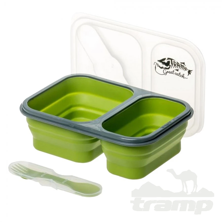 Походная посуда Контейнер силиконовый 2 отсека с ловилкой, 900 мл, TRC-090-olive