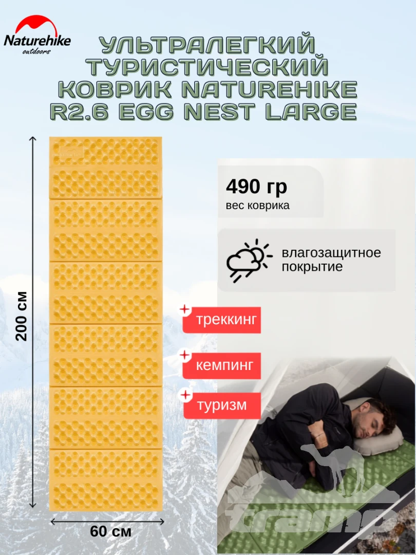 Коврики, подушки, сидушки туристические Коврик Naturehike Troues | R2.6 Egg Nest Large | 2.3 см толщина | увеличенный | желтый