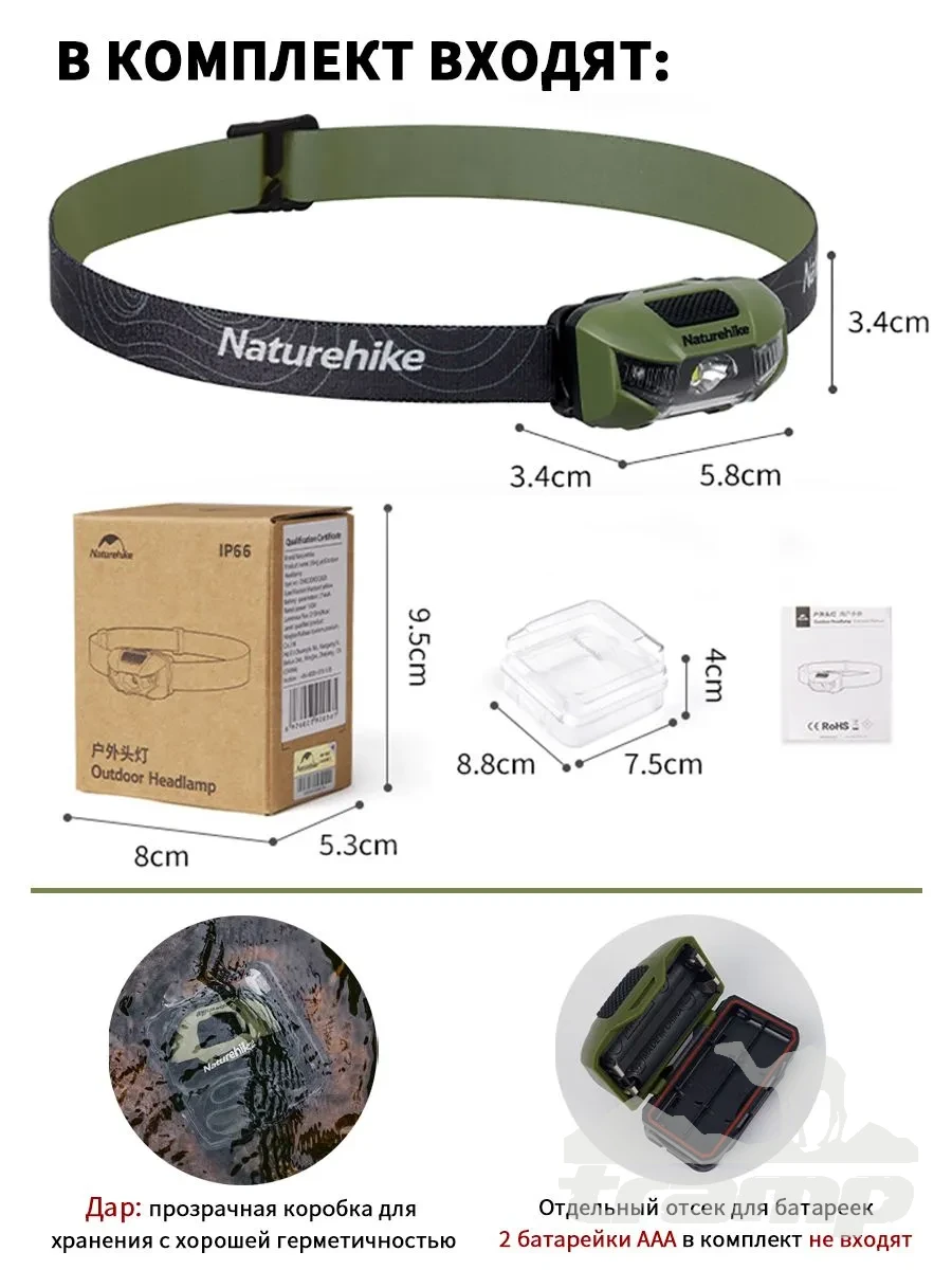 Фонари туристические Налобный фонарь Naturehike 210 Лм | Зеленый